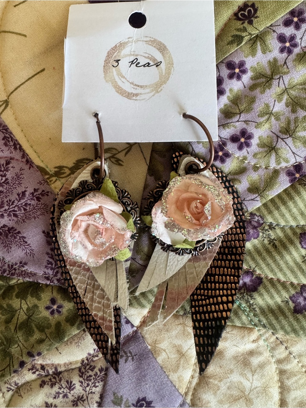 Pink Rose Drop Earrings - Glitter Floral Teardrop Dangles